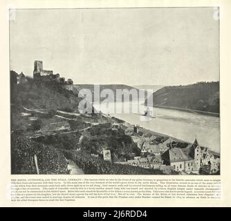 Vintage-Fotografie vom Rhein, Gutenfels und der Pfalz, Deutschland. Schloss Gutenfels (deutsch: Burg Gutenfels), auch bekannt als Schloss Caub, ist eine Burg 110m oberhalb der Stadt Kaub in Rheinland-Pfalz, Deutschland. Stockfoto