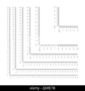 Satz von Eckenlinealvorlagen mit Zentimeter- und Millimetermarkierung und Zahlen. Messwerkzeug mit 5, 10, 15, 20, 25, 30 cm vertikale und horizontale Linien. Vektorgrafik Stock Vektor