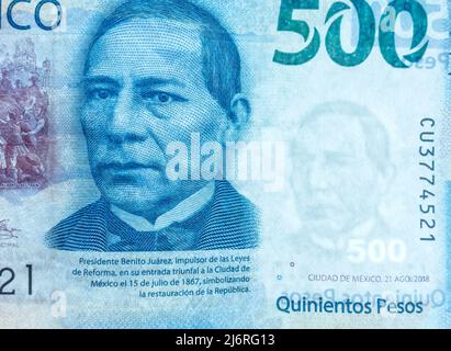 Wasserzeichen auf Mexiko 500 Peso Währung Rechnung mit dem ersten Präsidenten Benito Juarez Stockfoto