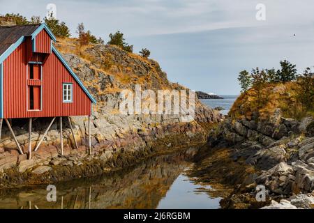 Einsames kleines Fischerhaus in roter Farbe an der Küste der Lofoten-Inseln, klassische norwegische Landschaft, felsige Küste mit dramatischem Himmel Stockfoto