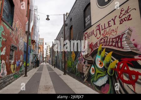 Freak Alley ist ein bemerkenswerter Ort für Wandmalereien, Graffiti und öffentliche Kunst in einer Gasse in der Innenstadt von Boise, Idaho. Das Hotel liegt zwischen der Straße 8. und 9.. Stockfoto