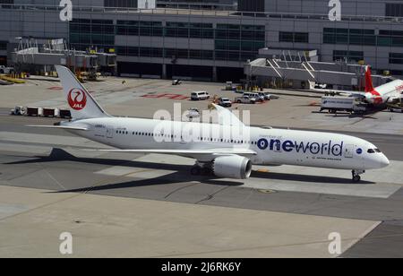 Eine Boeing 787 von Japan Airlines führt Taxis am San Francisco International Airport in San Francisco, Kalifornien. Stockfoto