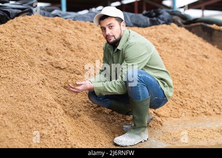 Bauer hockt auf einem großen Haufen verbrauchten Getreides der Brauerei Stockfoto