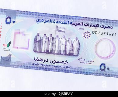 Das Vereinigte Arabische Emirat lanciert eine neue Dh50-Polymer-Banknote mit dem Image der Gründungsführer der VAE Stockfoto