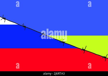 Russische und ukrainische Flaggen durch Stacheldraht getrennt. Symbol des Konflikts, Krieg zweier Länder. Stockfoto