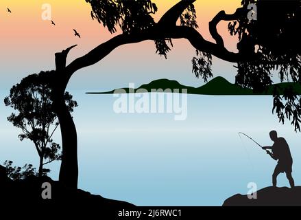 Silhouette eines Mannes, der bei Sonnenuntergang die Felsen fischt, mit großem Baum und Bergen im Hintergrund Stock Vektor