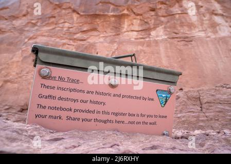 Registrierkasse des Bureau of Land Management, Labyrinth Canyon, Utah. Stockfoto