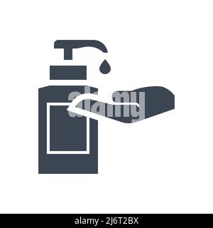 Symbol für Vektorgliphe im Zusammenhang mit dem Händedesinfektionsmittel. Desinfektionsmittel tropft aus der Flasche auf der Handfläche. Schild für Händedesinfektionsmittel. Isoliert auf weißem Hintergrund. Editierbarer Vektor i Stock Vektor