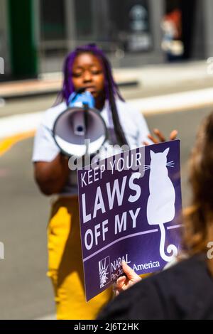 Reno, USA - am 03. Mai 2022 Spricht Ein Protestor auf einem Megaphon vor einer Menschenmenge. Demonstranten versammelten sich vor dem Bundesgericht als Reaktion auf das durchgesickerte SCOTUS-Dokument. Stockfoto