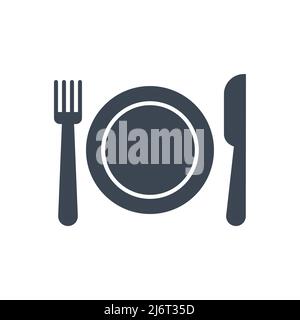 Symbol für Teller, Gabel und Messer, die mit dem Vektor-Glyphen in Verbindung stehen. Menüzeichen. Isoliert auf weißem Hintergrund Stock Vektor