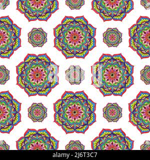 Muster Blumenmandala gezeichnet mit Buntstiften auf weißem Hintergrund. Ethnische Mandala mit buntem Ornament. Helle Farben. Von Hand gezeichnet. Stockfoto