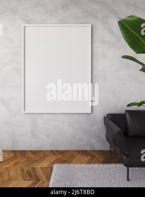 Unbeschriftete Bilderrahmen-Mockup auf schmutzgrauer Wand mit Sofa und Teppich. Modernes Wohnzimmerdesign. Frontansicht des minimalistischen Innenstils mit einem Poster oder einem AR Stockfoto