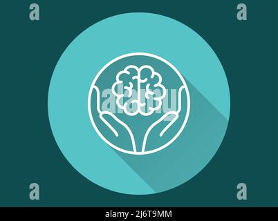 Symbol für Hände, die das Gehirn halten. Einfache Illustration mit langem Schatten für Grafik- und Webdesign. Stock Vektor