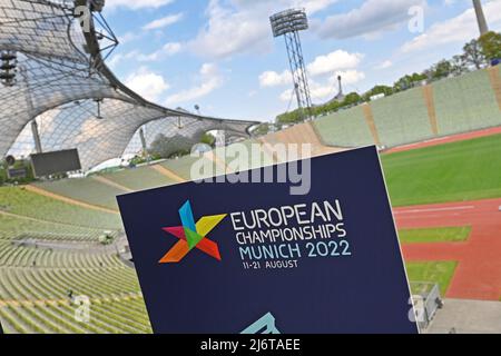 Kantenmotiv, Feature, Logo, EUROPAMEISTERSCHAFT MÜNCHEN 2022 im Olympiastadion. Übersicht, Pressetermin Europameisterschaften 2022 am 3.. Mai 2022 Stockfoto