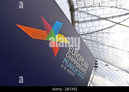 Kantenmotiv, Feature, Logo, EUROPAMEISTERSCHAFT MÜNCHEN 2022 im Olympiastadion. Übersicht, Pressetermin Europameisterschaften 2022 am 3.. Mai 2022 Stockfoto