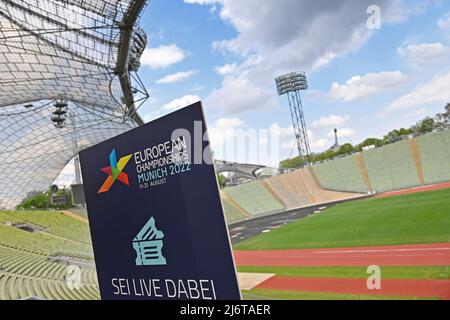 Kantenmotiv, Feature, Logo, EUROPAMEISTERSCHAFT MÜNCHEN 2022 im Olympiastadion. Übersicht, Pressetermin Europameisterschaften 2022 am 3.. Mai 2022 Stockfoto