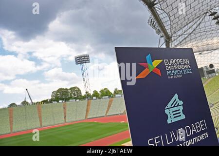 Kantenmotiv, Feature, Logo, EUROPAMEISTERSCHAFT MÜNCHEN 2022 im Olympiastadion. Übersicht, Pressetermin Europameisterschaften 2022 am 3.. Mai 2022 Stockfoto