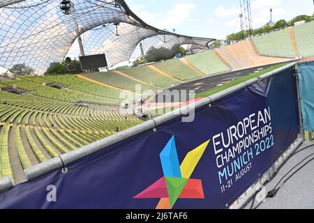 Kantenmotiv, Feature, Logo, EUROPAMEISTERSCHAFT MÜNCHEN 2022 im Olympiastadion. Übersicht, Pressetermin Europameisterschaften 2022 am 3.. Mai 2022 Stockfoto