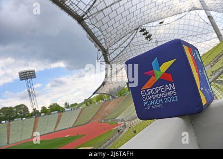 Kantenmotiv, Feature, Logo, EUROPAMEISTERSCHAFT MÜNCHEN 2022 im Olympiastadion. Übersicht, Pressetermin Europameisterschaften 2022 am 3.. Mai 2022 Stockfoto