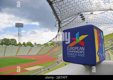 Kantenmotiv, Feature, Logo, EUROPAMEISTERSCHAFT MÜNCHEN 2022 im Olympiastadion. Übersicht, Pressetermin Europameisterschaften 2022 am 3.. Mai 2022 Stockfoto