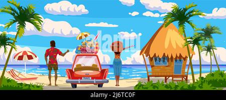 Pärchen im Urlaub, rotes Auto mit Gepäcktaschen, Surfbrett am Strand. Hütte, Bungalow, tropischer Seeufer, Palmen, Meer, ozean, Blick nach hinten. Vektor Stock Vektor