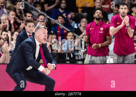 Barcelona, Spanien - 03/05/2022, Sarunas Jasikevicius, Cheftrainer des FC Barcelona während des EuroLeague Play Off Game 5 Basketballspiels des FC Barcelona und des FC Bayern München am 3. Mai 2022 im Palau Blaugrana in Barcelona, Spanien - Foto: Javier Borrego/DPPI/LiveMedia Stockfoto