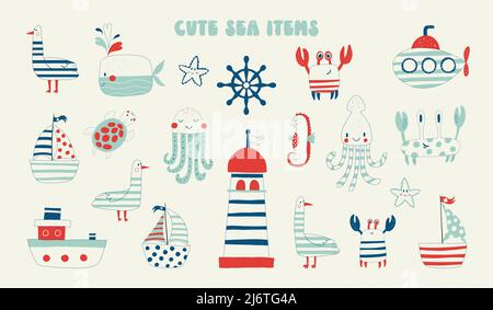 Niedliche marine Gegenstände, Elemente der Natur. Sommer-Accessoires, Set von Artikeln. Leuchtturm, Lenkrad, Krabbe, Seepferd, Wal, Seesterne und andere. Baby Stock Vektor