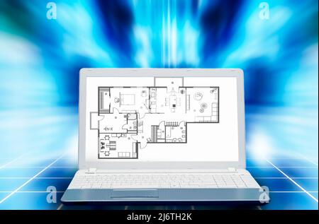 Laptop mit einem architektonischen Grundrissplan auf dem Bildschirm Stockfoto