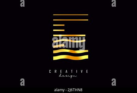 E-Logo mit goldenen Linien und Zick-Zack-Linien. Vektorgrafik mit Farblinien bei Sonnenuntergang. Stock Vektor