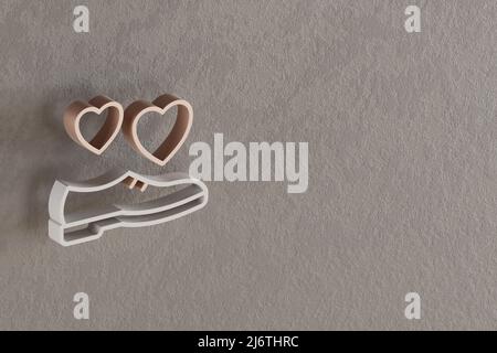 Schöne abstrakte Illustrationen Withe und Golden Shoes mit Herz-Symbol-Symbolen auf grauem Wandhintergrund. 3D Rendering-Illustration. hintergrundmuster Stockfoto