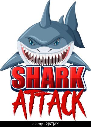 Shark Attack Schrift-Logo mit Cartoon aggressive Shark Illustration Stock Vektor