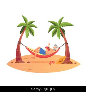 Junger glücklicher Mann, der sich am Strand in einer Hängematte unter den Palmen entspannen kann. Stock Vektor