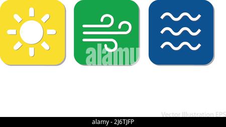 Symbole von Sonne, Wind und Wasser als Beispiele für erneuerbare Energien, um den Klimawandel zu stoppen Stock Vektor