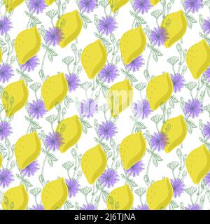 Ein nahtloses Muster aus Zitronen und Zichorien-Blüten, gezeichneten Doodle-Elementen im Sketch-Stil. Leuchtend violette Blüten und Zitronenfrüchte auf weißem Hintergrund. Stock Vektor