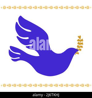 Taube des Friedens handgezeichnetes einfaches Emblem. Blaue und gelbe Taube mit Lorbeer. Stock Vektor