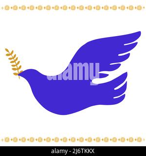 Taube des Friedens handgezeichnetes einfaches Emblem. Blaue und gelbe Taube mit Lorbeer. Stock Vektor