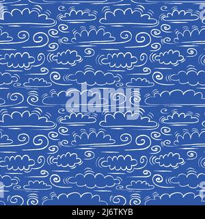 Nahtloses Muster mit handgezeichneten Wolken und Wind. Wolkenlandschaft Ornament auf blauem Hintergrund. Vektorgrafik. Stock Vektor
