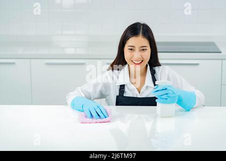 asiatische Frau trägt Gummi schützende blaue Handschuhe stehende Reinigung mit Produkten und Ausrüstung Küchenreiniger. Stockfoto