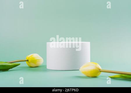 Minimaler Produktständer mit Tulpen-Blumen. Kosmetikständer. Speicherplatz kopieren Stockfoto
