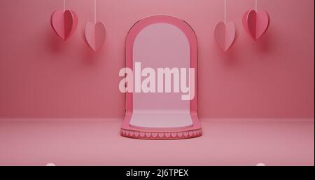 Valentinstag Podium von hängenden Herzen in 3D Rendering umgeben. Zylinderform für Produktanzeige mit valentinstagskonzept. Rosa rot und Gold Stockfoto