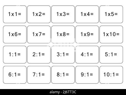 Multiplikation und Division Tabelle von 1. Mathe-Karte mit einem Beispiel, Zeichnen. Multiplikation Quadrat, Vektordarstellung. Gedrucktes Produkt, Banner Stock Vektor