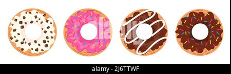 Donuts werden isoliert auf weißem Hintergrund gesetzt. Draufsicht Donuts Kollektion mit Glasur Vektor-Illustration in flachem Stil. Donut-Symbole Stock Vektor