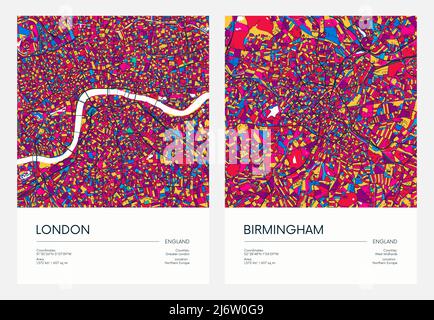 Farblich detaillierter Stadtplan, Stadtplanung Stadt London und Birmingham mit bunten Vierteln und Stadtteilen, Reise-Vektor-Poster Stock Vektor