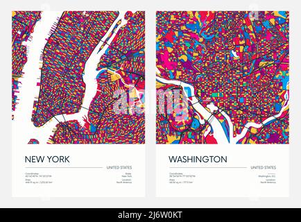 Farblich detaillierter Stadtplan, Stadtplanung der Stadt New York und Washington mit farbenfrohen Stadtvierteln und Stadtteilen, Reise-Vektor-Poster Stock Vektor