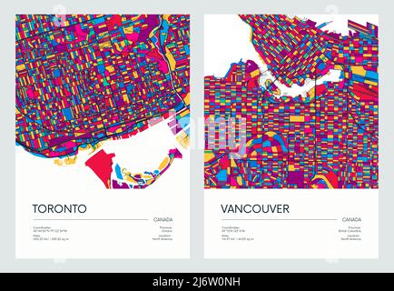 Farblich detaillierter Stadtplan, Stadtplanung Stadt Toronto und Vancouver mit bunten Vierteln und Bezirken, Reise-Vektor-Poster Stock Vektor