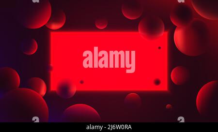 Futuristisches Vektorgradienten-Poster mit leuchtend rotem Rechteck auf dunklem Hintergrund, Neonbeleuchtung mit Reflexionsbereich auf Kugeln, abstrakte Illustration Stock Vektor