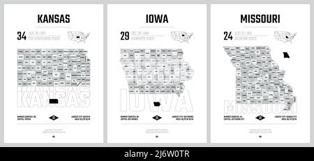 Hoch detaillierte Vektorsilhouetten von US-Staatskarten, Aufteilung der Vereinigten Staaten in Grafschaften, politische und geografische Unterteilungen eines Bundesstaates, West NOR Stock Vektor