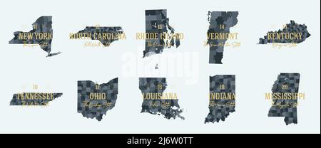 Set 2 of 5 Division United States in Counties, politische und geographische Unterteilungen eines Bundesstaates, hoch detaillierte Vektorkarten mit Namen und Territo Stock Vektor