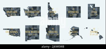 Set 5 of 5 Division United States in Counties, politische und geographische Unterteilungen eines Bundesstaates, hoch detaillierte Vektorkarten mit Namen und Territo Stock Vektor