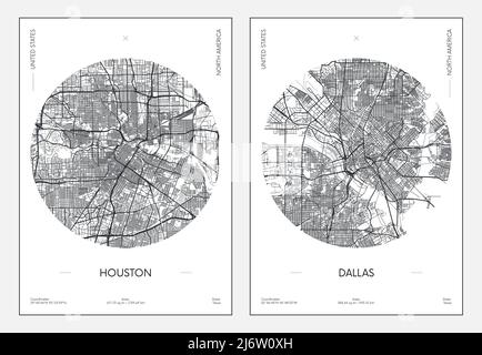 Reiseposter, Stadtplan Stadtplan Houston und Dallas, Vektorgrafik Stock Vektor
